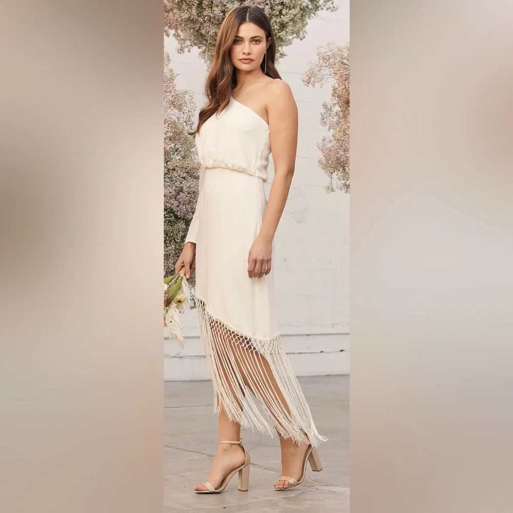 Lulus Cream One-Shoulder Fringe Midi Dress Size Small NWT - Picture 3 of 11